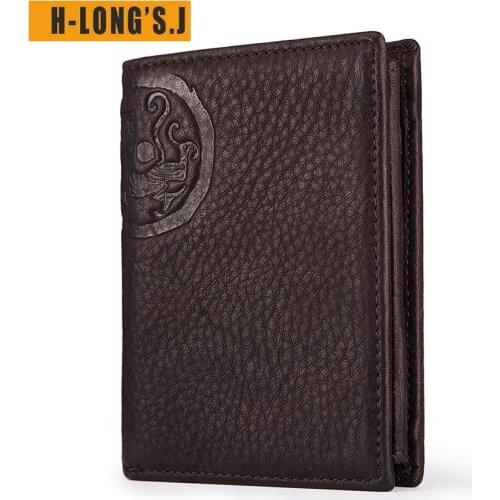H-LongS.J Mens Genuine Leather Wallet Vintage pattern Male Clutch Coin Pocket Cover card For Money Money Bag Man Walet Rfid