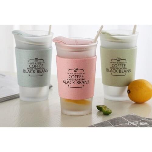 Mug Coffee Cup Large Capacity 400ml Kawaii Glass Straw Wheat Cup with Lid and Spoon Fashion Home Office Water Cup