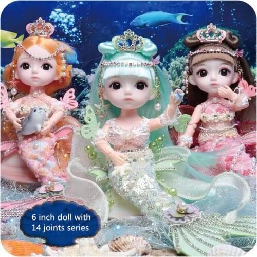 New 30CM Bjd Mermaid Doll Exquisite 3D Eyes 14 Joint Movable Blue Purple Green Mid-length Wig Play House Toy Girl Birthday Gift