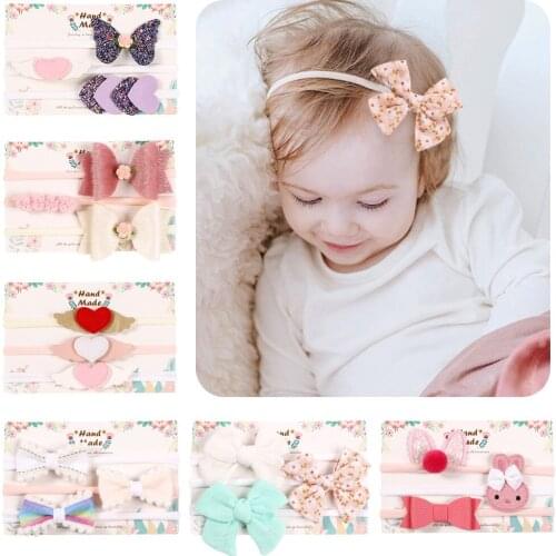 Boutique 3in1 Set Fashion Cute Floral Bowknot Nylon Headbands Glitter Butterfly Cartoon Soft Hairbands Princess Newborn Headwear
