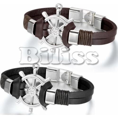 23cm Men Jewelry Pirate Style Leather Rudder Bracelet Wholesale Cuff braided Wrap Bracelet & Bangles Black / Brown Colors