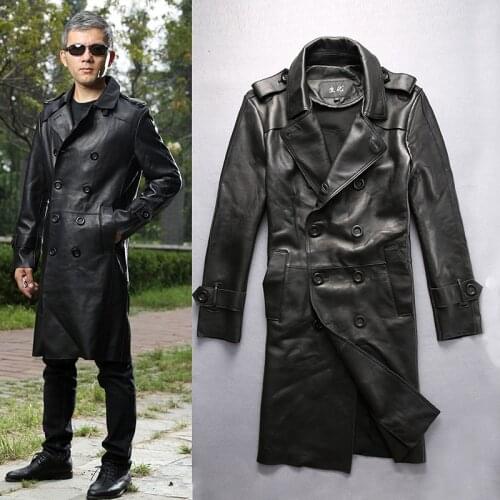 Mens fashion long sheepskin coat wide waisted autumn leather trench men double breasted business style winter coat men 2016 new