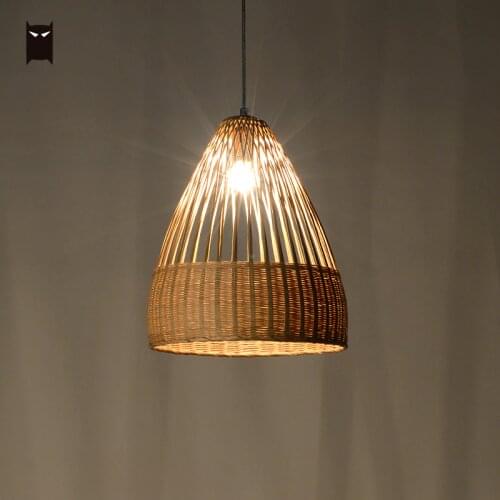 Delicate Small Bamboo Wicker Rattan Lantern Pendant Light Fixture Modern Minimalist Asian Pastoral Hanging Ceiling Lamp Dining