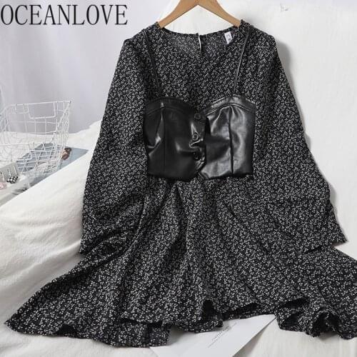 OCEANLOVE Autumn Korean Ropa De Mujer 2021 Floral Two Piece Set Women Clothes Sweet Cute Mini Dresses+camis Fashion Suits 19080