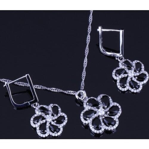 Distinctive Black Cubic Zirconia White CZ Silver Plated Jewelry Sets Earrings Pendant Chain V0019