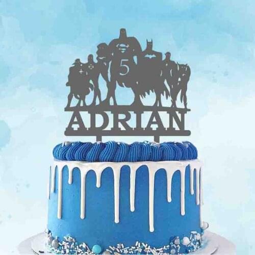 Personalized Superheroes Birthday Cake Topper Custom Kids Name Age Cartoon Super Man Bat Man Green Lantern Birthday Party Topper