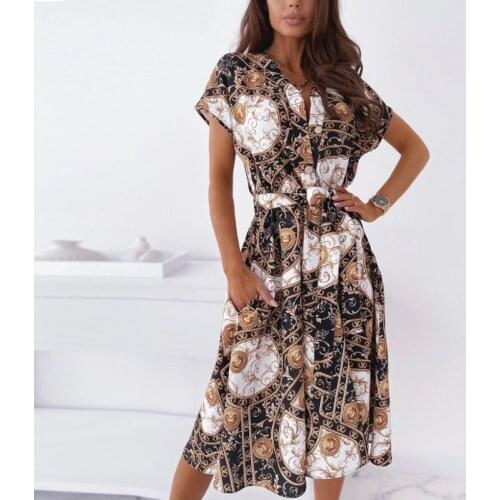 Summer Shirt Dresses Fashion Vintage Loose Casual Printed With Belt Dress Women Boho Quarter Sleeve Elegant Dress Robe Vestidos