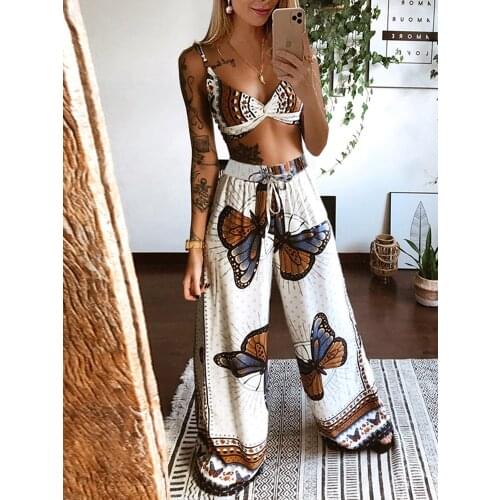 Beach sleeveless casual suit 2021 summer new suspender Top + printed straight pants and wide leg pants two piece set