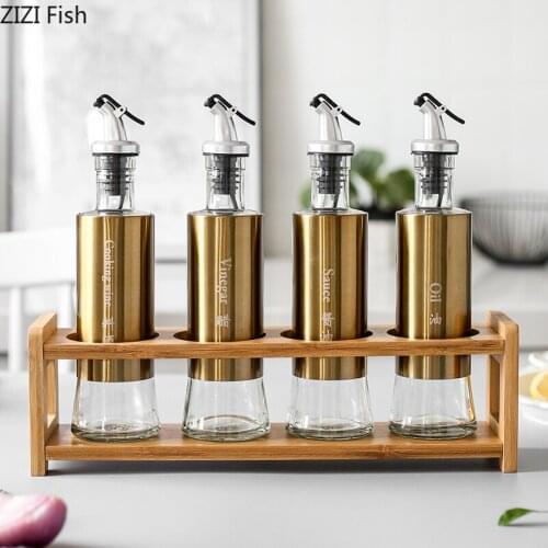 Stainless Steel Glass Oiler Soy Sauce Olive Oil Seasoning Bottle Condiment Storage Containers Home Kitchen Seasoning Oiler Set