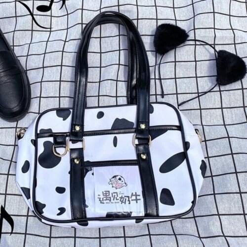 Super Cute Young Girl Lolita Dairy Cow Pattern Student Large Capacity Handbag Soft Girl JK Uniform PU Cross Body Shoulder Bag