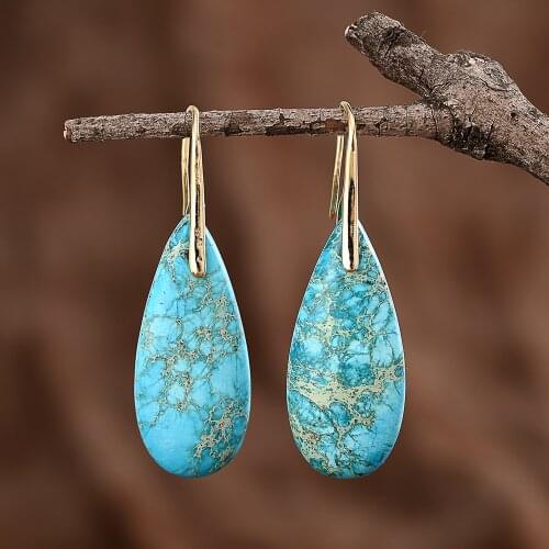 Light Blue Natural Stones Water Drop Golden Hook Earrings Women Gold Luck Jewelry
