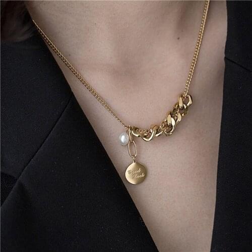 Punk Style Titanium Steel Chain Necklace For Women Gold Luck Coin Pendant Necklaces Gothic Girls Clavicle Chain 2021 Collar
