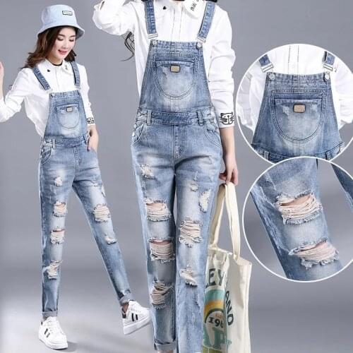 Denim Suspender Jumpsuits Women Spring Basic Washed Blue Fashion Hole Lady Elegant Cowboy Long Trouser Rompers Female Casual