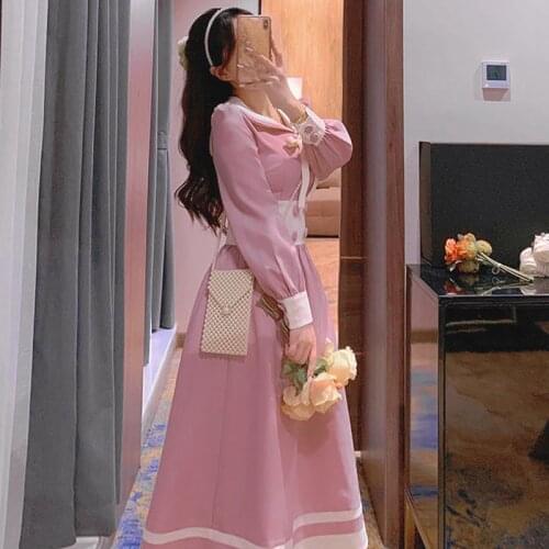 2021 Spring Preppy Style Pink Kawaii Dress Women Sailor Collar Puff Sleeve Vintage Midi Dress Ladies Party One Piece Dress Korea