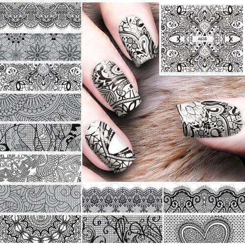 12 Sheets Beauty Black Lace Flower Nail Art Water Transfer Decals Nail Sticker Slider Tattoo Nail Accessories Supplies Tool A6XX