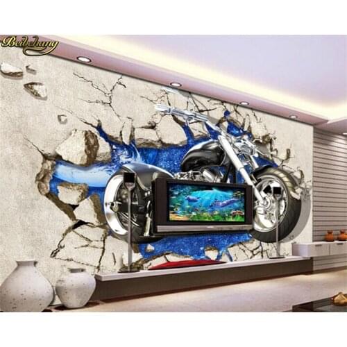 Beibehang 3d three-dimensional broken wall painting motorcycle 3d wallpaper bar ktv restaurant background wall paper