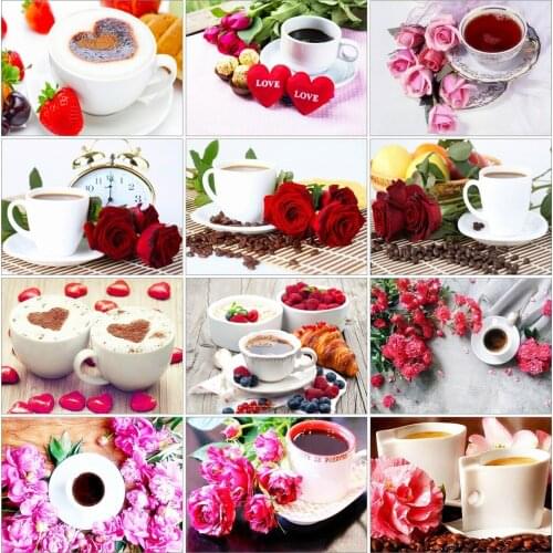 AZQSD Diamond Painting Coffee Cup Cross Stitch Kits Needlework 5D Diamond Embroidery Kitchen Landscape Mosaic Home Decor Gift