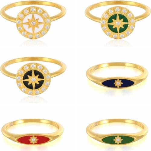 CANNER Real 925 Sterling Silver Rings Eight-pointed Star Diamond Round Medal Blue Black Dripping Oil Craft Womens Rings Anillos