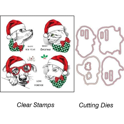 AZSG Lifelike Christmas Dog Cat Cutting Dies Clear Stamps For DIY Scrapbooking/Card Making/Album Decorative Silicon Stamp Crafts