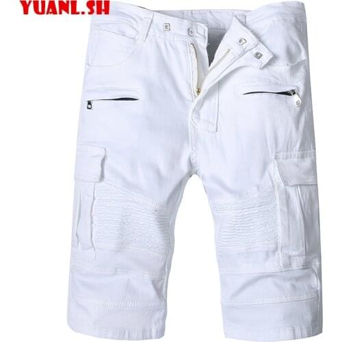 White Bermuda Jeans Biker Shorts Plus Size Stretch Mens Summer Wear Fashion Casual Slim Fit Cargo Shorts Homme Longueur Genou