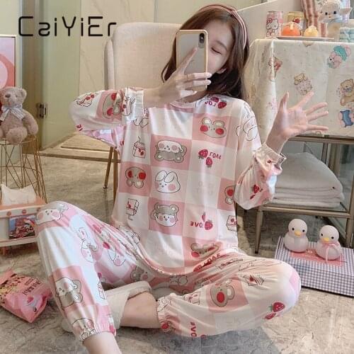 CAIYIER Autumn Winter Round Neck Nightwear Thin Long Sleeve Trousers Sleepwear For Ladies Cartoon Pajamas Set Leisure Homewear