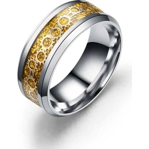 YWSHK 8MM Men Women Wedding Band Stainless Steel Ring With Gear Wheel Golden Carbon Fiber Inlay Beveled Edges Comfort Fit