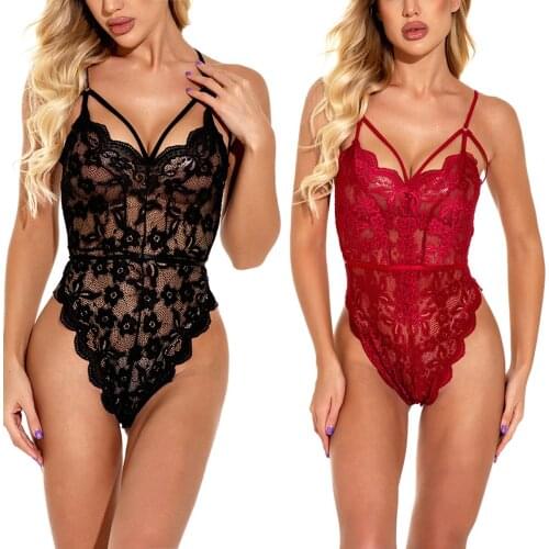 Sexy Ladies Romper Lingerie Nightwear Mesh Deep V-Neck Erotic Sex Clothes See-Through Floral Bandage Backless