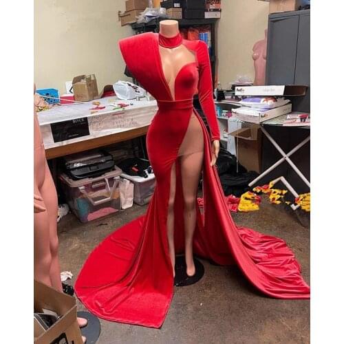 Red Mermaid Long Prom Dresses 2021 New Arrival High Neck Single Sleeve High Slit Front Satin African Style Prom Dress