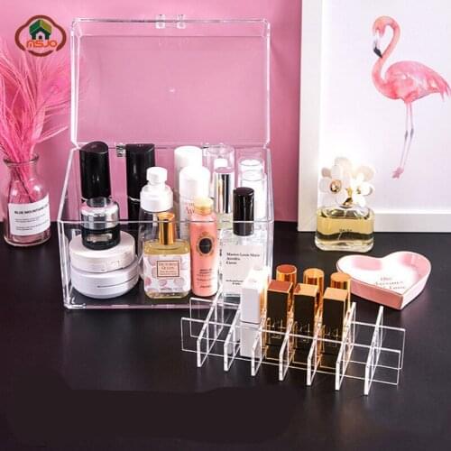 MSJO Makeup Organizer Storage Box Multi Lattice Plastic Lipstick Organizer Desktop Organization Container Cover Dustproof Box