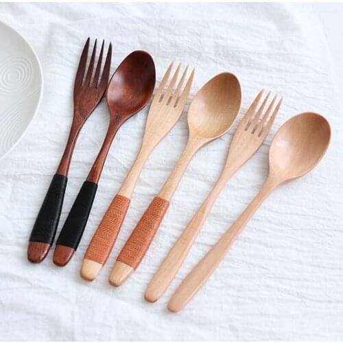 2pcs Natural Wooden Spoon & Fork Flatware Set Long Handle Teaspoon Coffee Spoon Stir Stick Kitchen Cooking Tool