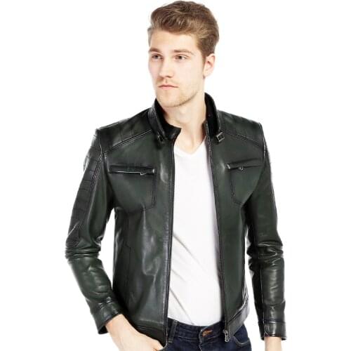 Genuine Soft Leather Handmade Green Man Jacket Biker Style High Quality Lambskin Metal ZipperFor Winter Gift New Season