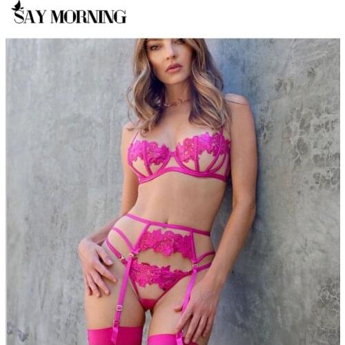 SAY MORNING 2021 New Sexy Water-Soluble Flower Embroidery Perspective Hollow Underwear Sexy 3-Piece Womens Suit