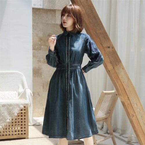 Autumn Women Denim Dress QN2202 Womens Slim Dresses Turn-down Collar Dress Embroidery Long Sleeve Vintage Vestidos