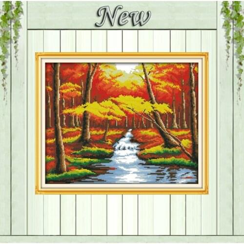 The forest river Autumn scenery,Pattern Printed on canvas DMC 11CT 14CT Cross Stitch kits,needlework Sets embroidery,Home Decor