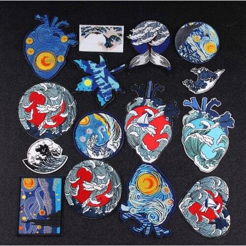 Blue Seas Heart Patch Iron On Patches For Clothing Stripe Stickers Badge Embroidery Patch Applique On Clothes Sewing Accessories