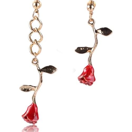 CRLEY Asymmetrical Red Rose Drop Dangle Earrings For Women Fashion Accessories Wedding Statement Engagement Jewelry Women