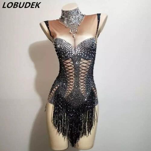 Rhinestones Black Tassel Tight Fitting Bodysuit Nightclub Costume DJ Singer Bar Performance Stage Wear Crystals Fringe Leotard