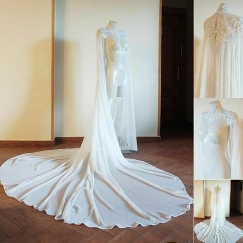 High Collar Wedding Bridal Cloak Lace Applique Long Train Cape Jacket Chiffon Custom Made Plus Size Bridal Wraps