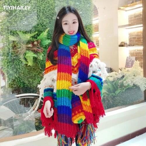 TIYIHAILEY Free Shipping 2020 New Fashion Long All-match Scarf Winter Warm Long Rainbow Colorful Hand Made Wool Tassels Scarf