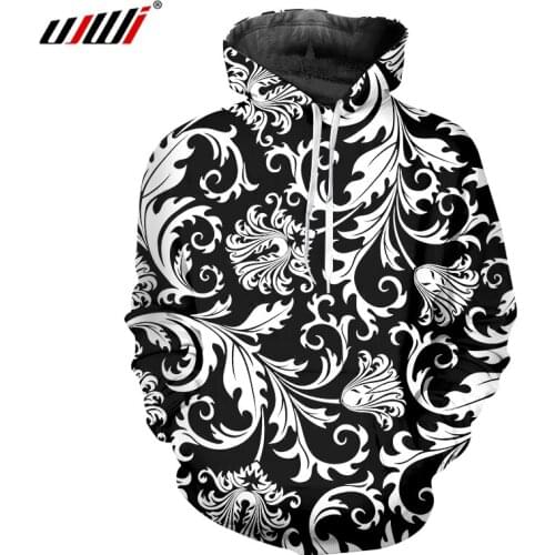 UJWI 3D Printed Hoodie Men/Women Vintage Baroque Black White Flowers Sweatshirt Polluver Customization Clothes Hip Hop Hoodie