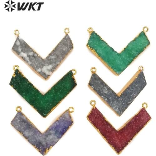WT-P626 Fashion design V pendant natural druzy quartz colorful stone with double loops gold dipped high qualilty V shape pendant