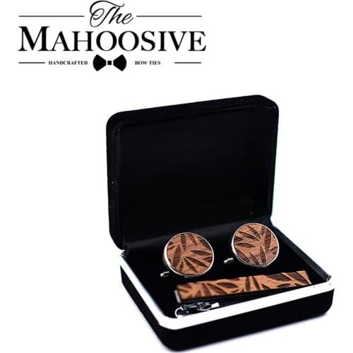 High Quality Wood Cuff links necktie clip for tie pin for mens gift Wooden pattern tie bars cufflinks tie clip set Men Jewelry