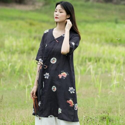 Women Summer Ramie Chinese Style Tops Blouse Ladies Vintage Print Ramie Long Shirt Female 2020 Shirts