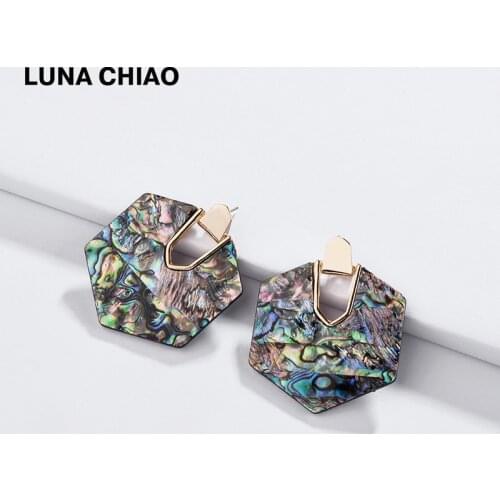 LUNA CHIAO 2020 New Jewelry Geometric Hexagon Acrylic Blue Shell Plate Acetate Statement Earring Big Fashion Earrings for Women