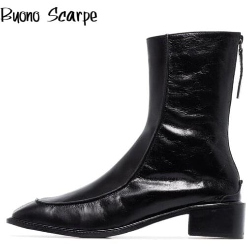 Women Leather Back Zip Ankle Boots Thick Heel Square Toe Women Short Boots Designer Brand Retro Autumn Winter Ladies Shoes Mujer