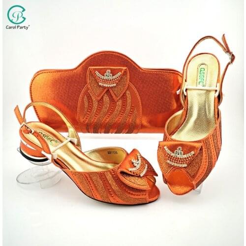 2021 Hot Sellling Italian Design Fashion Rhinestone and Metal Decoration Style Orange Color Wedding Ladies Shoes and Bag Set