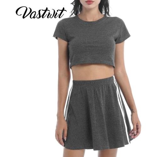 2Pcs Women Summer Casual Suit Short Sleeves Cropped Top and High Waist A-line Skirt for Running Gym Dance Yoga Fitness