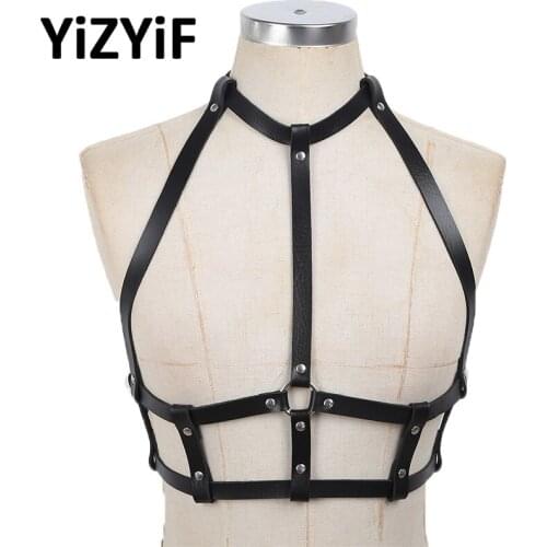 Women Punk Gothic PU Leather Garter Belt Harness Bra Tops Halter Neck Body Chest Harness Straps Waist Belt Role play Clubwear