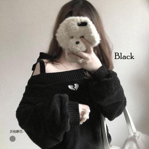 Preppy Autumn Winter Harajuku Pullover Heart Hollow Out Thick Fluffy Punk Sexy Women Sweatshirt Off Shoulder Loose Long Sleeve