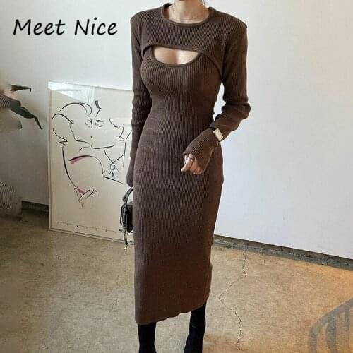 New Knitted Two Piece Women Sets Long Sleeve Crop Top Cut out Sexy Dress Bodycon Long Dresses Ladies Robe Casual Suit 2020